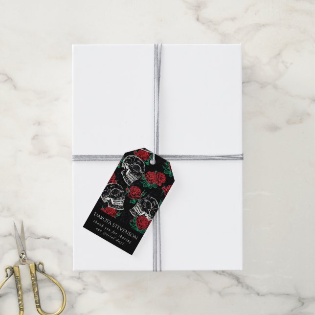 Schädel und Rote Rosen | Moderne Gotik Danke Geschenkanhänger (Mit Garn)