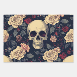 Schädel Weiße Rose Geschenkpapier Set aus 3 Gothic