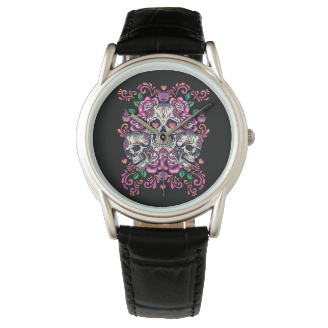 Schädelblume, Skelett Aquarellfarbe Rosa, Hallowee Armbanduhr (Vorderseite)