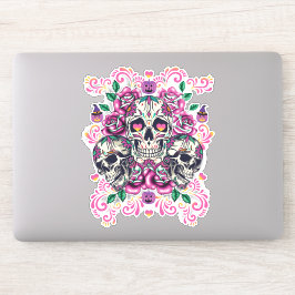 Schädelblume, Skelett Aquarellfarbe Rosa, Hallowee Aufkleber