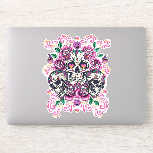 Schädelblume, Skelett Aquarellfarbe Rosa, Hallowee Aufkleber (Computer)