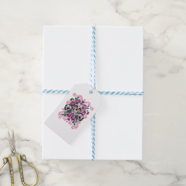 Schädelblume, Skelett Aquarellfarbe Rosa, Hallowee Geschenkanhänger (Mit Garn)