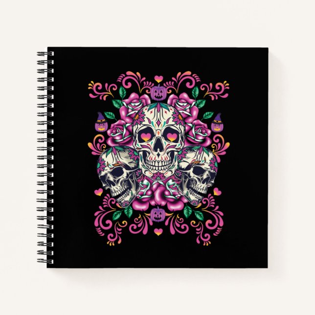 Schädelblume, Skelett Aquarellfarbe Rosa, Hallowee Notizbuch (Vorderseite)