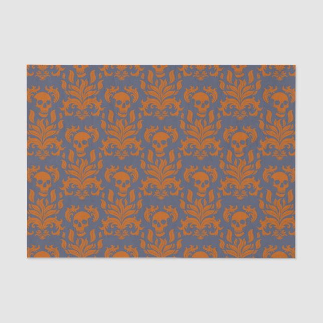 Schädelflammdamaske in Orange auf blau grau Seidenpapier (Vorderseite)