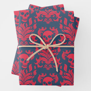 Schädelflammdamaske in rot auf blau geschenkpapier set