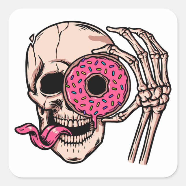 Schädelgesicht mit Donut, dunklem Spaß, süß und sa Quadratischer Aufkleber (Vorderseite)