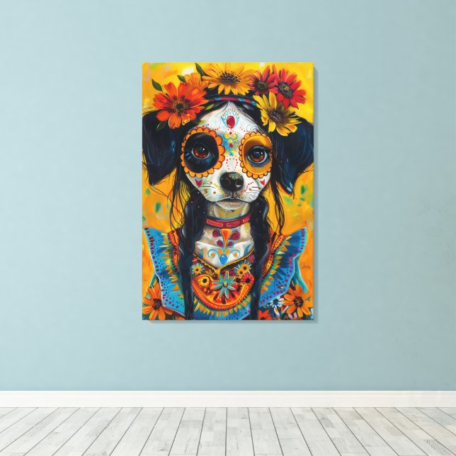 Schädelhund mit mexikanischer Ästhetik Leinwanddruck (Insitu (Holzboden))