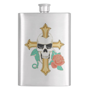 Schädelkreuz und Rose Flachmann