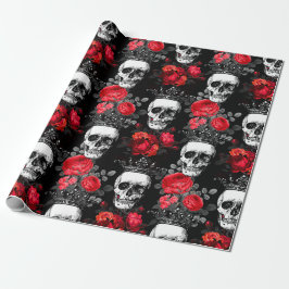 Schädelkronen und verblaßte Rote Rosen auf einem Geschenkpapier