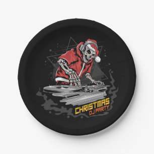 Schädelsanta-Claus mit Weihnachtsjacke und Hut auf Pappteller