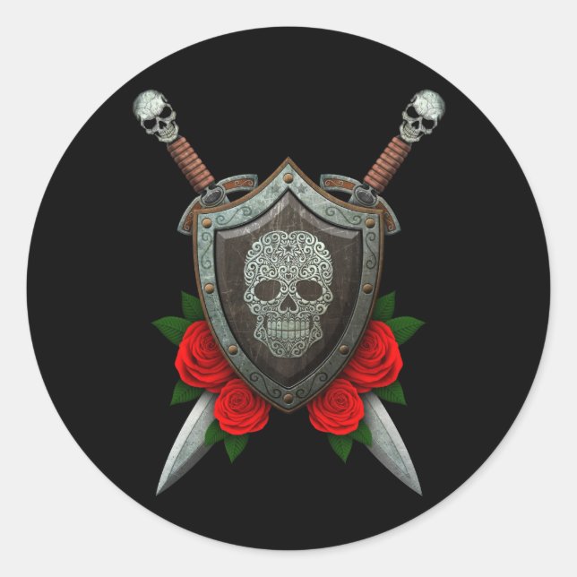 Schädelschild und Schwerter mit Rose drehen Runder Aufkleber (Vorderseite)