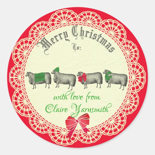 Schaf handgefertigte Strickhaube Weihnachtsaufkleb Runder Aufkleber (Vorderseite)