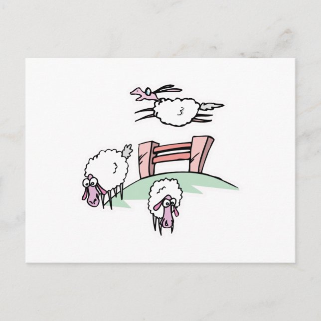 Schaf springt über Zaun Postkarte (Vorderseite)