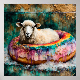 Schafe auf einem Regenbogenfarben Floating Doughnu Poster