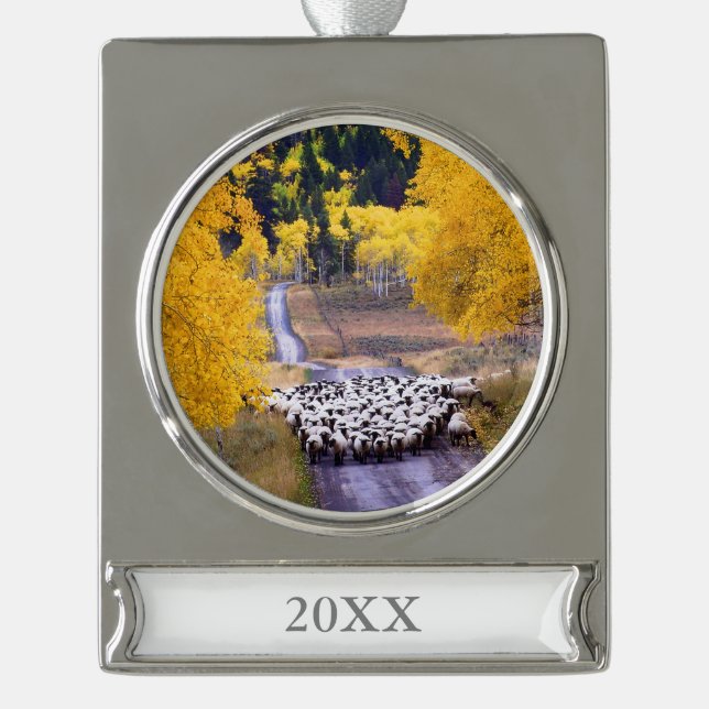Schafe auf Land-Straße Banner-Ornament Silber (Vorderseite)