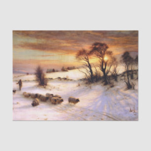 Schafe hüten in einer Winterlandschaft bei Sonnenu Seidenpapier