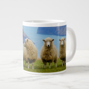 Schafe in der Reihe mit der blauen Jumbo-Tasse