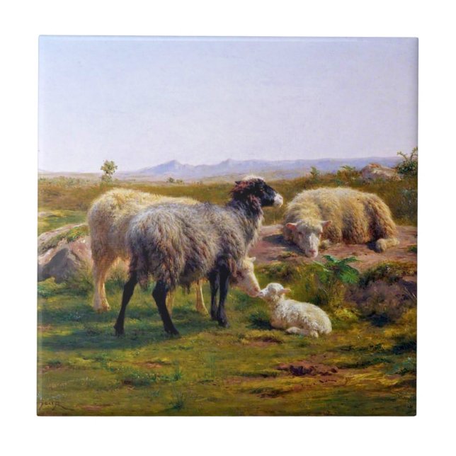 Schafe und ein Lamm in der Natur (von Rosa Bonheur Fliese (Vorderseite)