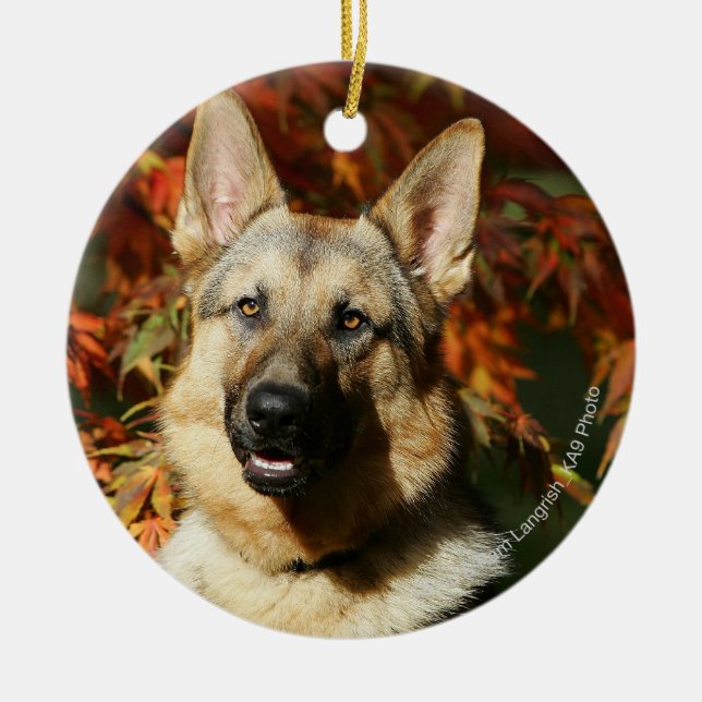 Schäferhund-Herbst-Blätter Keramikornament (Vorne)