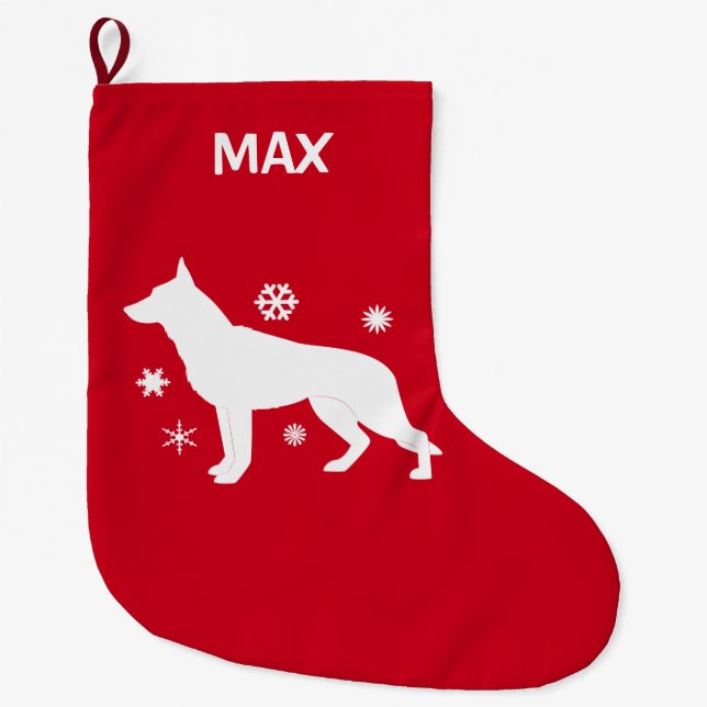 Schäferhund-Hund im Schnee in der Silhouette Großer Weihnachtsstrumpf (Vorderseite)