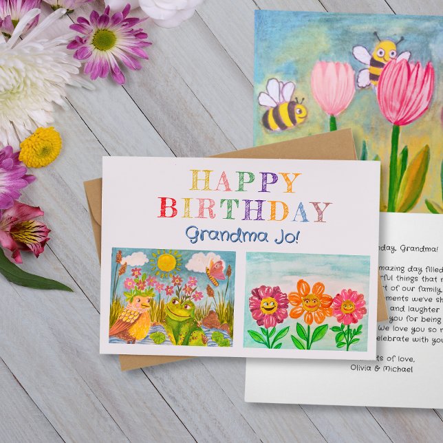 Schaffen Sie Ihre eigene Kindheit Art Großmutter G Karte (Happy birthday greeting card for grandmother with kid's art.)