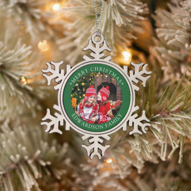 Schaffen Sie sich Ihr eigenes Foto Frohe Weihnacht Schneeflocken Zinn-Ornament (Baum)