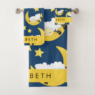 Schafmuster, schlafende Schafe, Mond, Ihr Name Badhandtuch Set