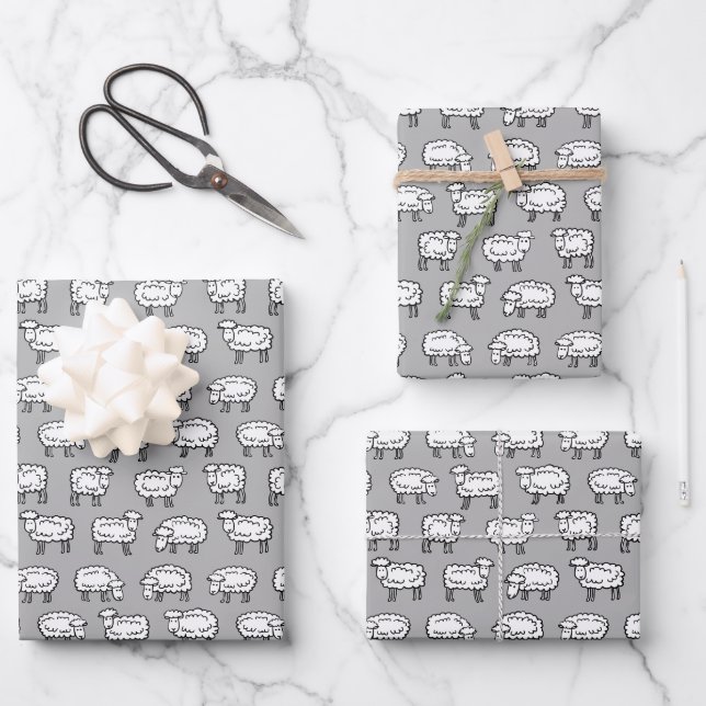 Schafmuster - Schwarz, Weiß und Grau Geschenkpapier Set (Vorderseite)