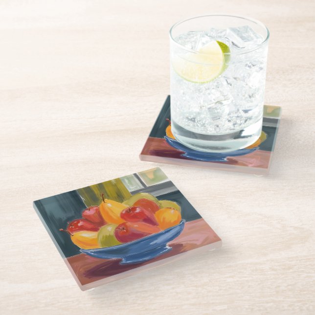 Schale mit Früchten Aquarellmalerei Glasuntersetzer (Schrägansicht)