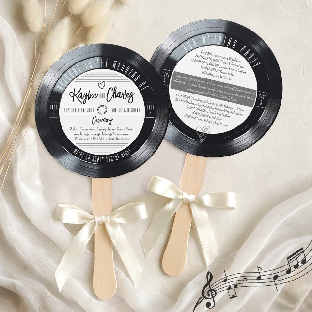 Schallplatte Schwarz-Weiß Retro-Hochzeitsprogramm Fächer (Unique Black & White Vinyl Record Retro Vintage Fun Wedding Ceremony Program Service Order Hand Fans)