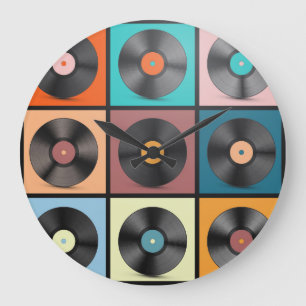 Schallplatten: Retro-LP-Set. Große Wanduhr