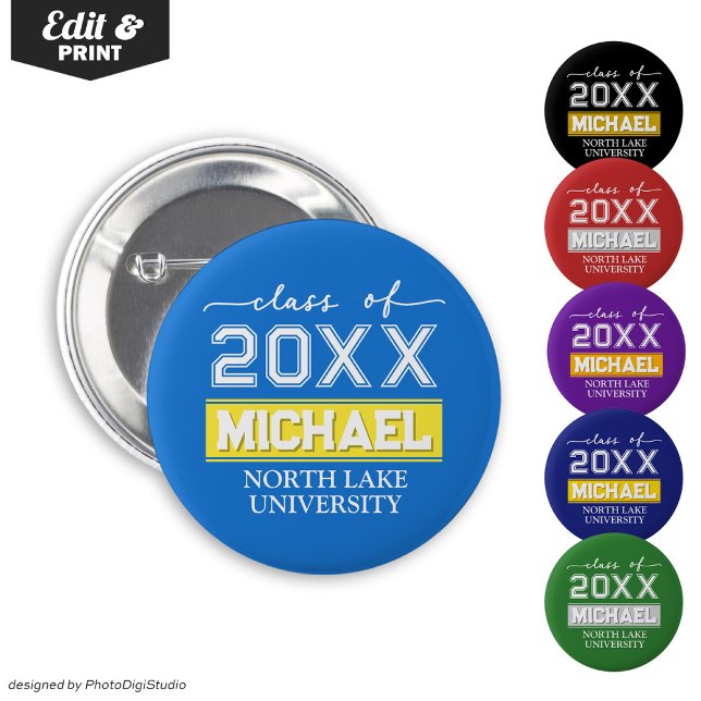 Schaltfläche Abschluss bearbeiten mit Name & Schul Button (Editable Graduation Button with Name & School, Custom Graduation Button, Blue Yellow Graduate Pin )