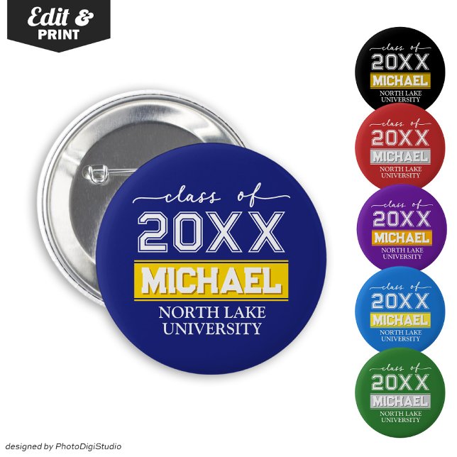 Schaltfläche Abschluss bearbeiten mit Name & Schul Button (Editable Graduation Button with Name & School, Custom Graduation Button, Blue Gold Graduate Pin )