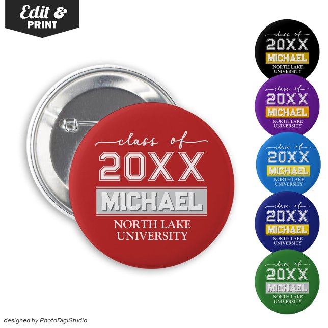 Schaltfläche Abschluss bearbeiten mit Name & Schul Button (Editable Graduation Button with Name & School, Custom Graduation Button, Red White Graduate Pin )