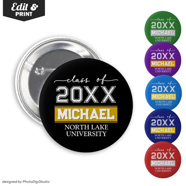 Schaltfläche Abschluss bearbeiten mit Name & Schul Button (Editable Graduation Button with Name & School, Custom Graduation Button, Black Gold Graduate Pin )