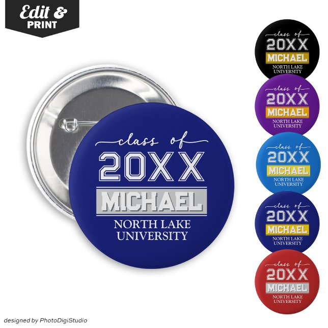 Schaltfläche Abschluss bearbeiten mit Name & Schul Button (Editable Graduation Button with Name & School, Custom Graduation Button, Blue Silver Graduate Pin )