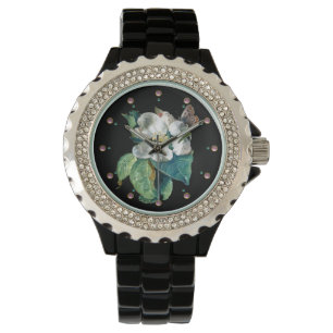 SCHALTFLÄCHE AUF DER WEISSEN BLUME, SCHWARZE BLUME ARMBANDUHR