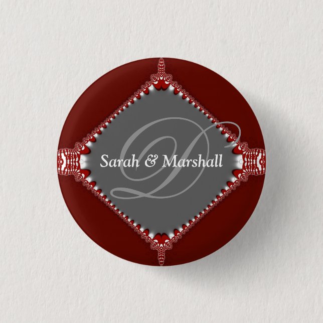 Schaltfläche "Deep Red+Silver Wedding Monogram" Button (Vorderseite)