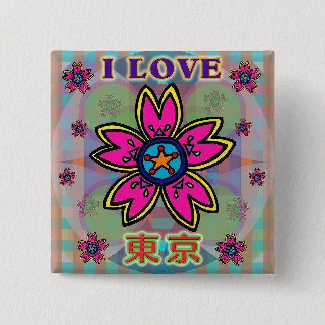 Schaltfläche "I LIEBE TOKYO" Blume Kanji Button (Vorderseite)