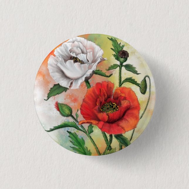 Schaltfläche "Red White Poppies" - Malerei Button (Vorderseite)