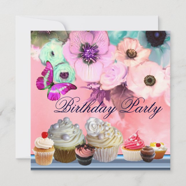 SCHALTFLÄCHE, ROSE, ANEMONEN-BLUME, KUPCAKEN Gebur Einladung (Vorderseite)