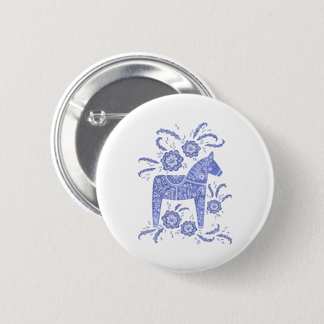 Schaltfläche "Schwedische Dala Horse Blau und Weiß Button (Vorne & Hinten)