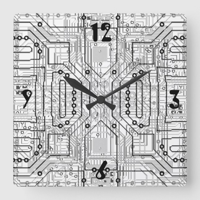Schalttafel aus grauem Stahl für Techie-Geeken Quadratische Wanduhr (Vorderseite)