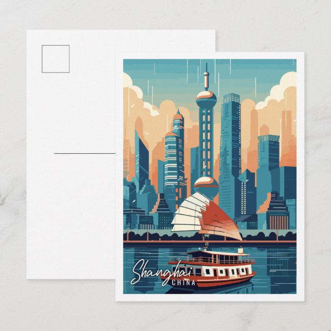 Schanghai China Vintage Illustration Postkarte (Vorne/Hinten)