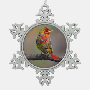 Scharlach-Tangare-Mauser - Originalfotografie Schneeflocken Zinn-Ornament
