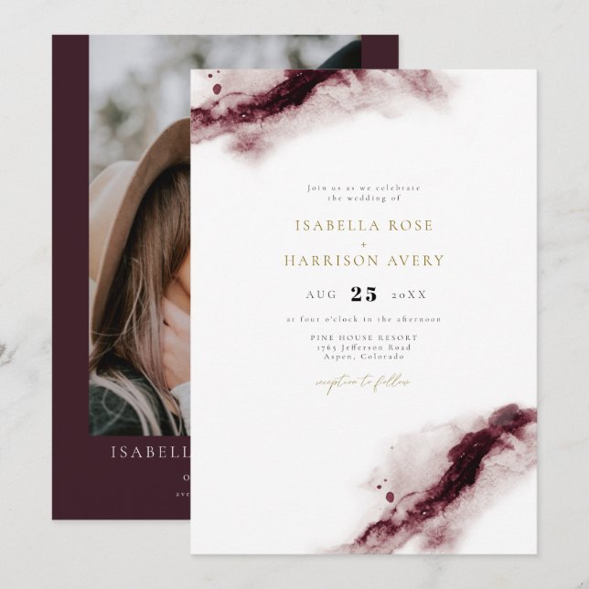 SCHARLACHROT | Boho Burgundy Gold Watercolor Weddi Einladung (Vorne/Hinten)