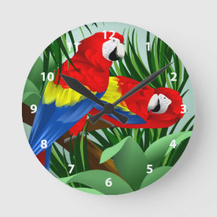 Scharlachrot Macaw-Kunst- Runde Wanduhr