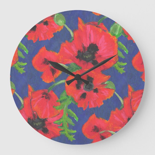Scharlachrot orientalische Mohnblumen-Muster-auf Große Wanduhr (Vorderseite)