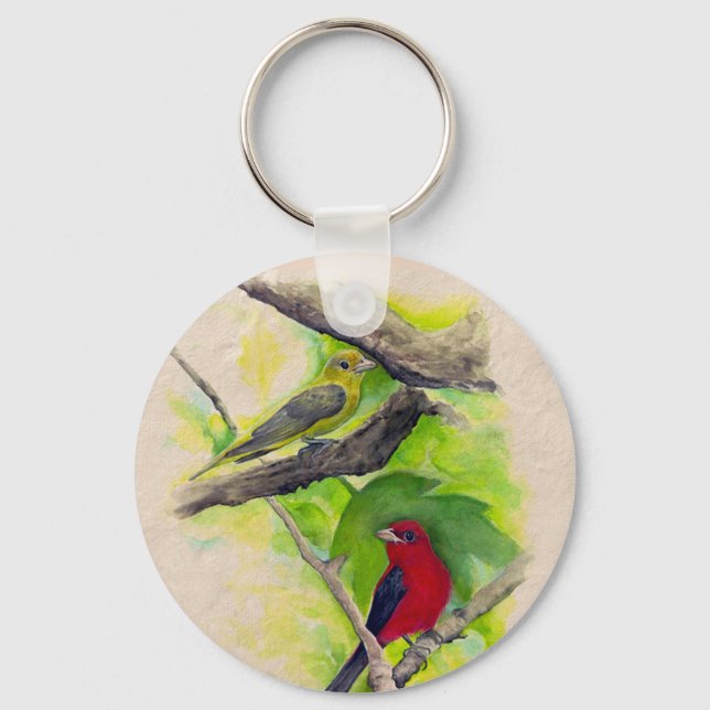 Scharlachrote Tanager Vögel Aquarellmalerei Schlüsselanhänger (Vorderseite)