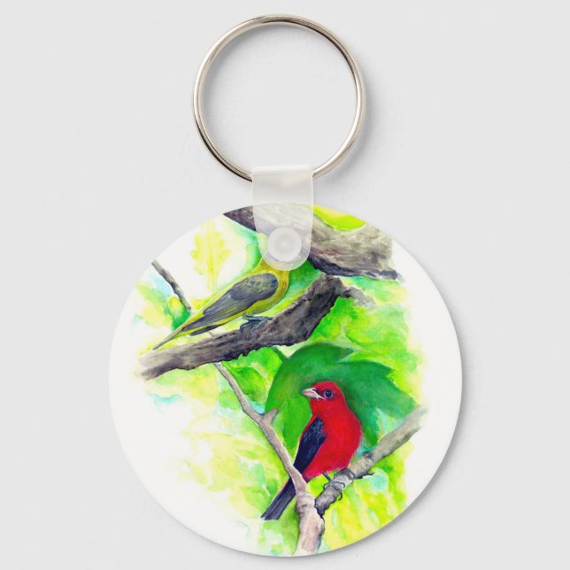 Scharlachrote Tanager Vögel Aquarellmalerei Schlüsselanhänger (Vorderseite)